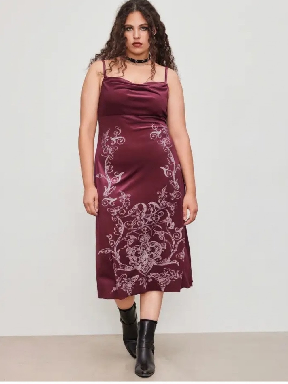Cider Velvet Burgundy Floral-Print Slip Dress